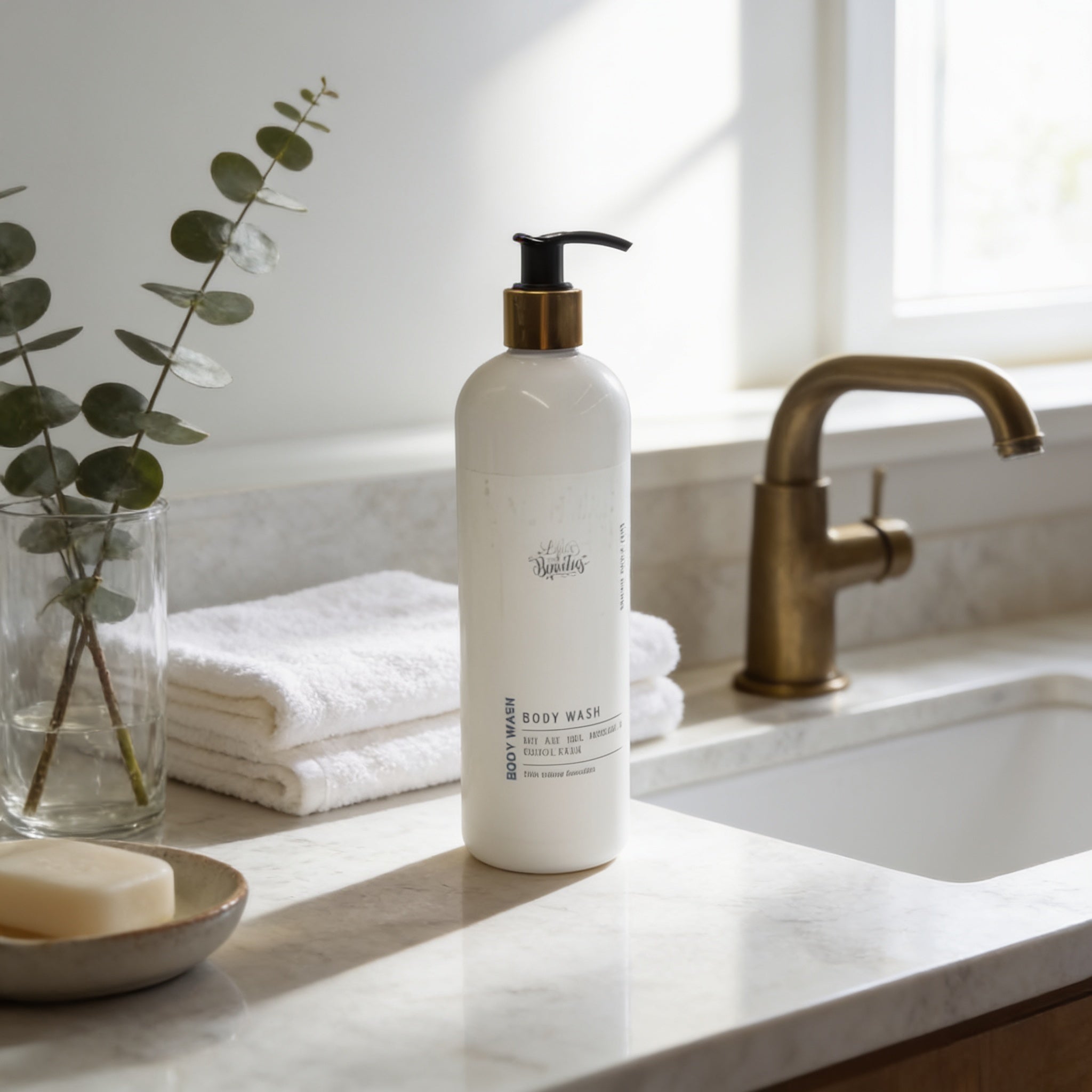 A bottle of body wash sits on a marble countertop next to a sink, with a vase of greenery and a folded towel nearby.