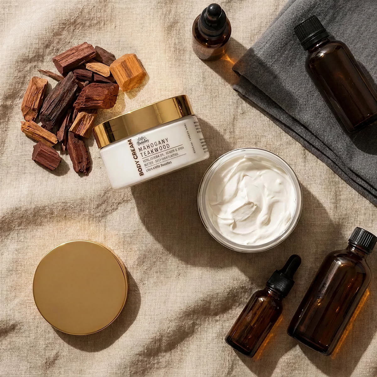 various beauty and skincare products arranged on a beige background, including a jar of cream, a jar of lotion, and several bottles of different sizes.