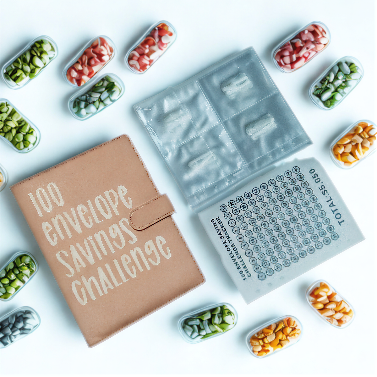 100 envelope savings challenge kit with tracker and cash envelopes for budgeting and financial goals