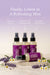 three bottles of lavender and chamomile lotion, with a purple background and white text. The text highlights the benefits of the lotion, such as its spray-on application, instant softness, and hydrating properties. The lotion is on sale for $6.50, and it is described as a refreshing mist. There are also some purple flowers in the foreground, adding a natural element to the scene.
