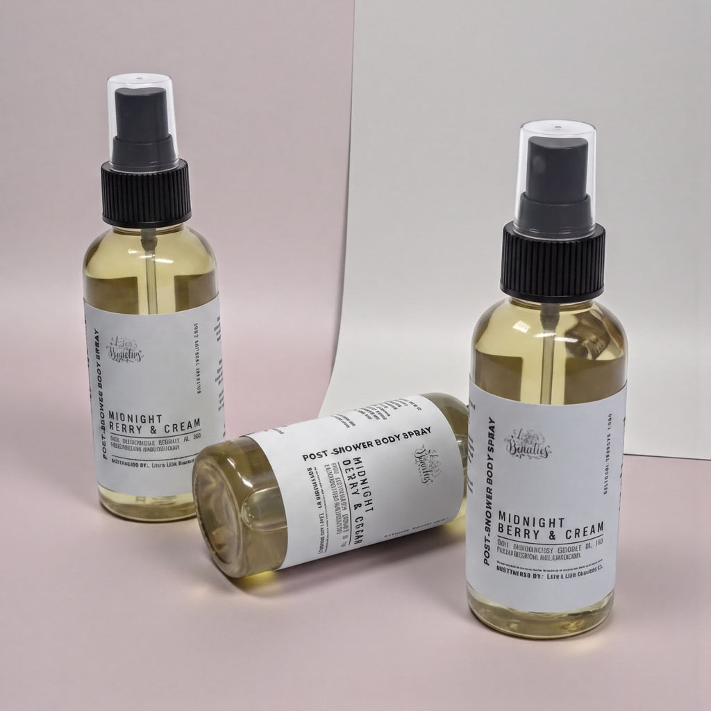 three bottles of body spray with labels that read "Midnight Berry & Cream" and "Post-Shower Body Spray".