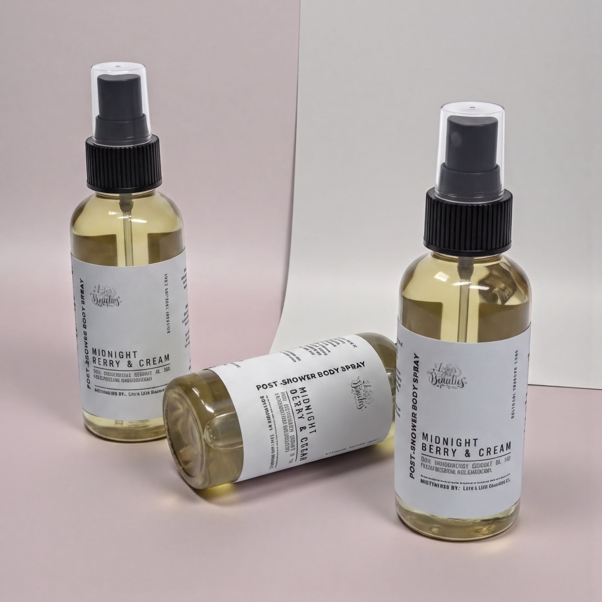 three bottles of body spray with labels that read "Midnight Berry & Cream" and "Post-Shower Body Spray".