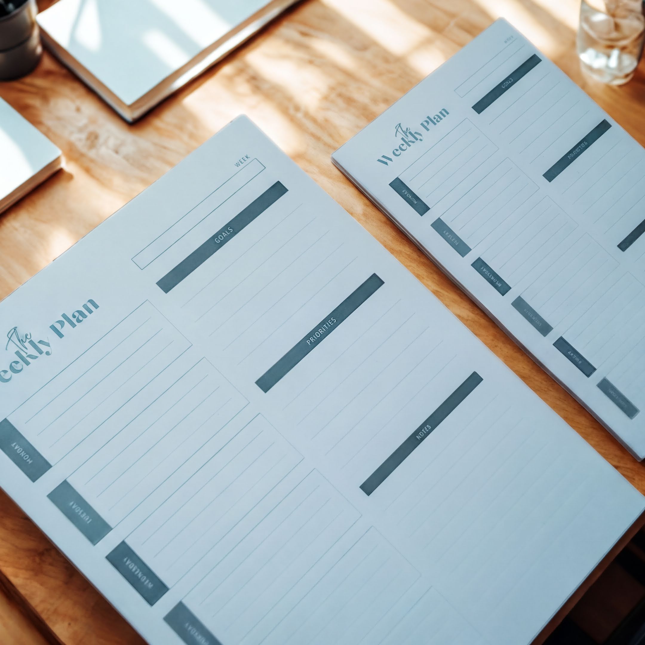 two white planners or schedules on a wooden surface, with the planners appearing to be designed for use in a daily or weekly planning system.