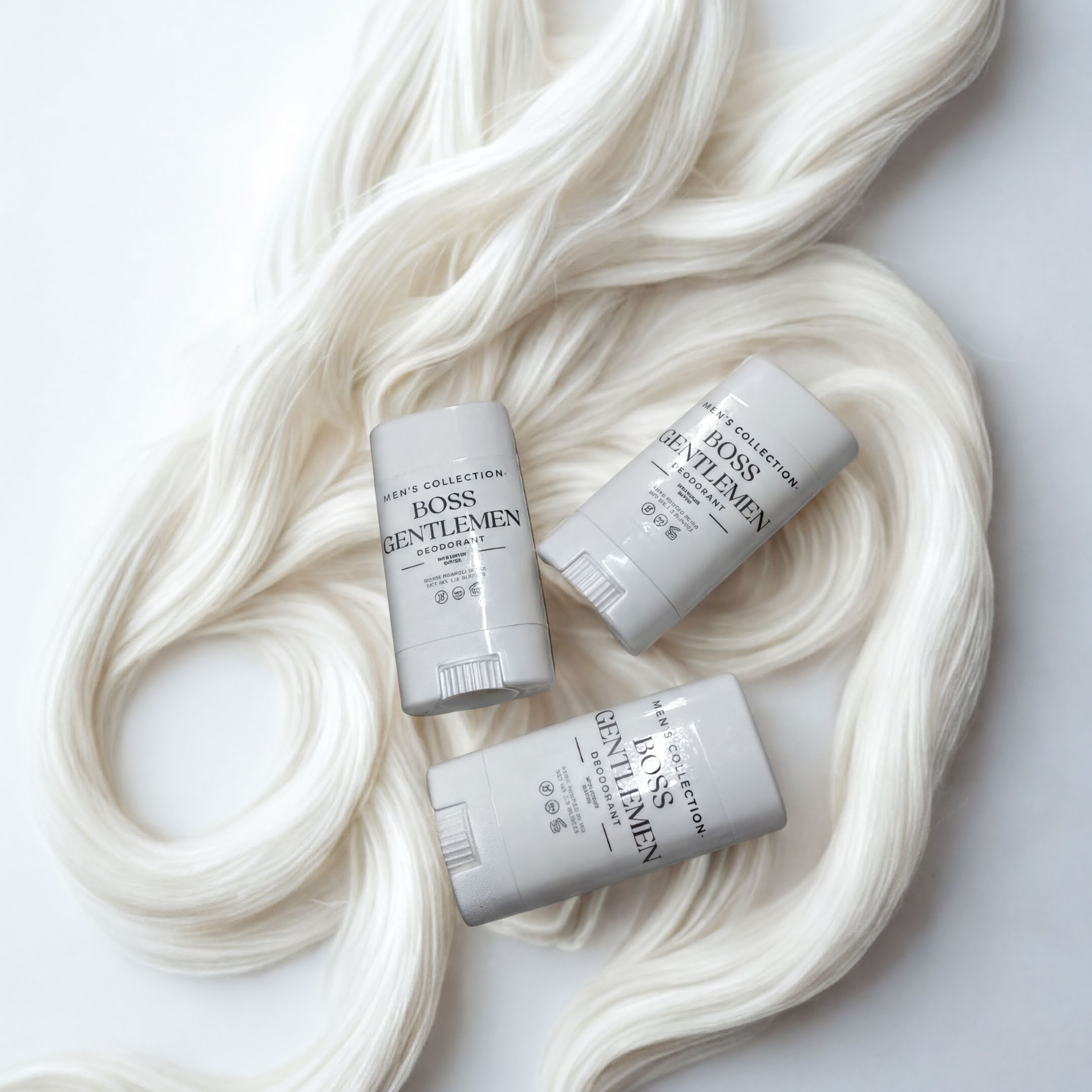 Three men's deodorant sticks are lying on a white background, with a white string or yarn visible in the foreground.