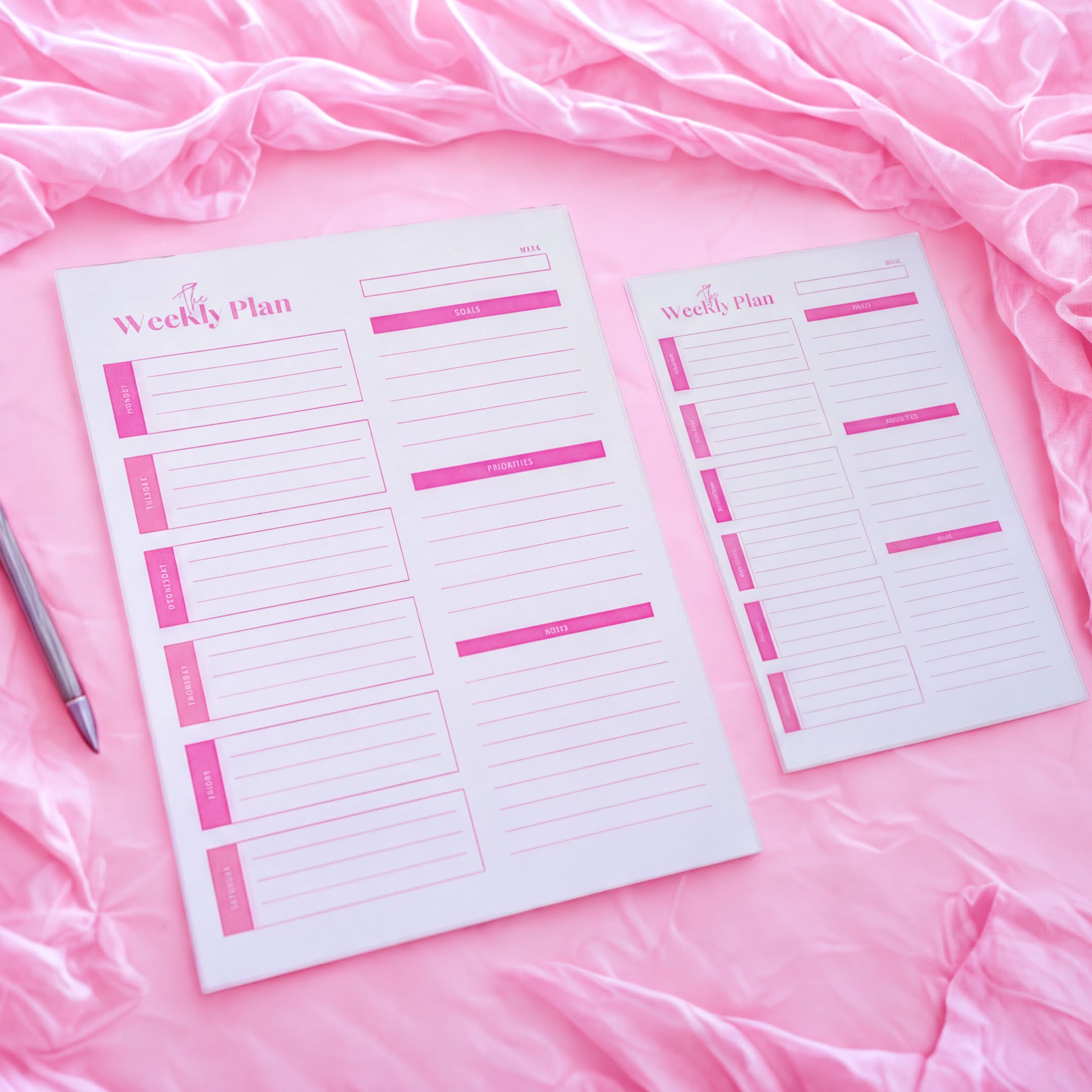 two pink planners or schedules placed on a pink fabric background.