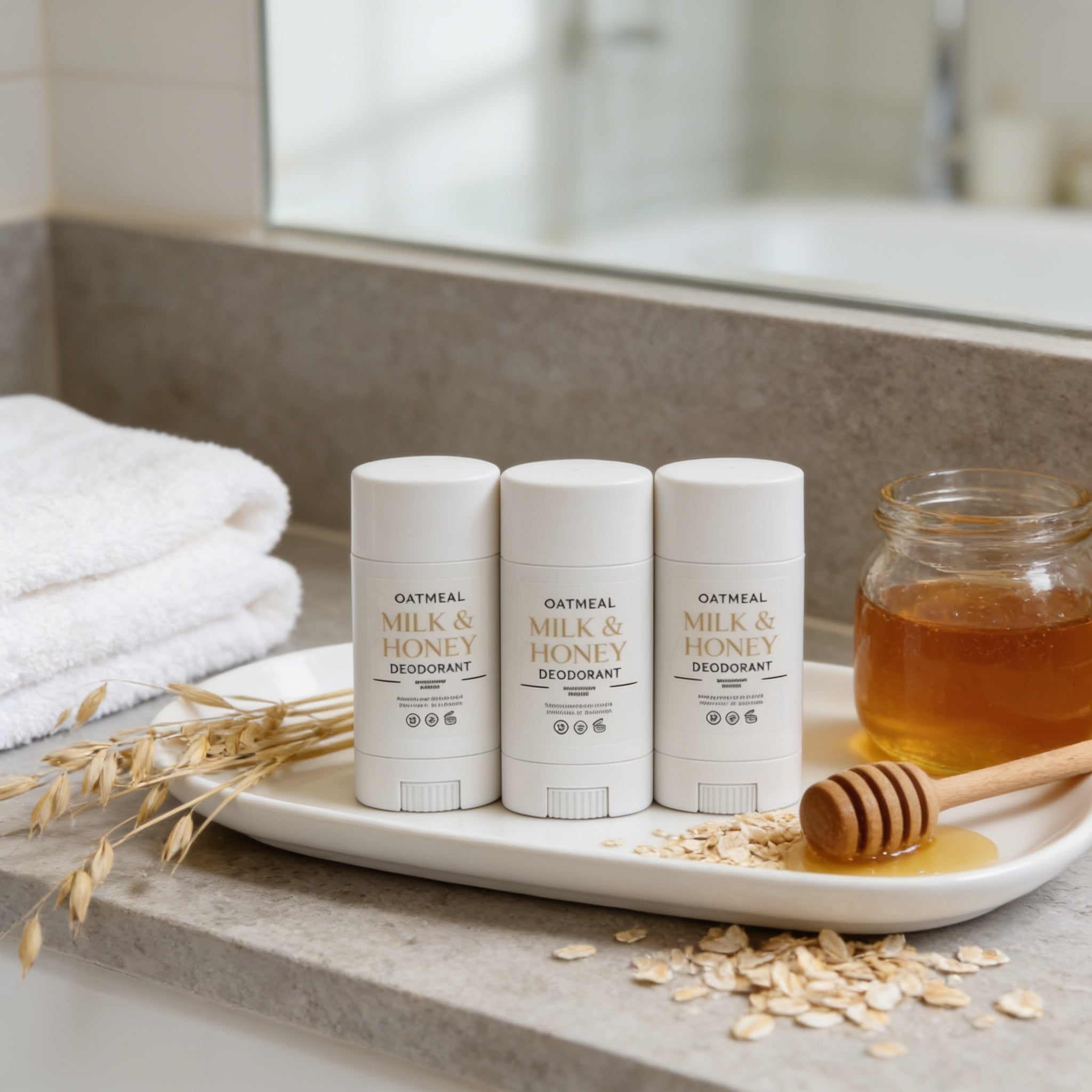 three Oatmeal Milk & Honey Deodorant sticks arranged on a tray, with a jar of honey and some oats nearby.