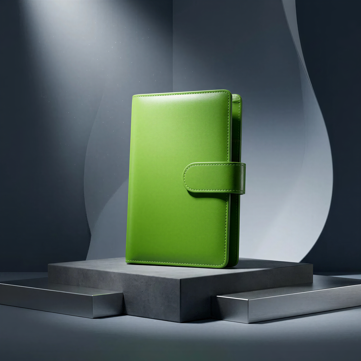 A bright green leather wallet or binder is displayed on a gray platform against a dark background.