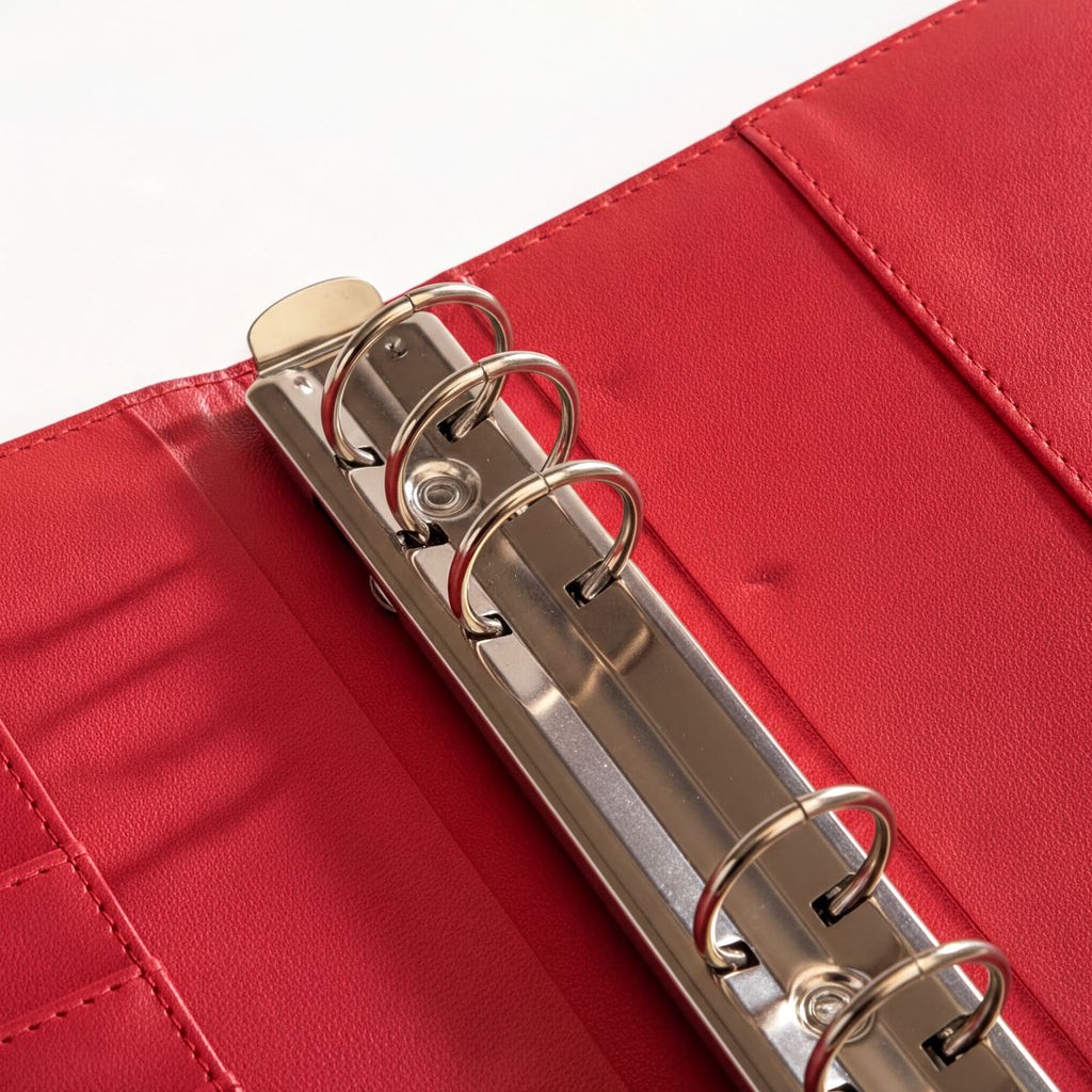A red leather-bound spiral notebook with a metal ring mechanism, open and revealing the spiral binding inside.