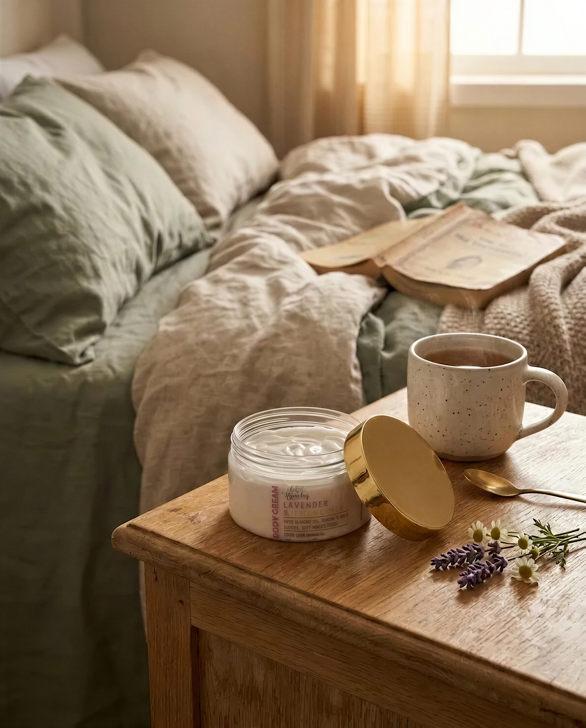 A cozy bedroom scene with a wooden nightstand, a jar of cream, a mug of coffee, and a book on the bed.