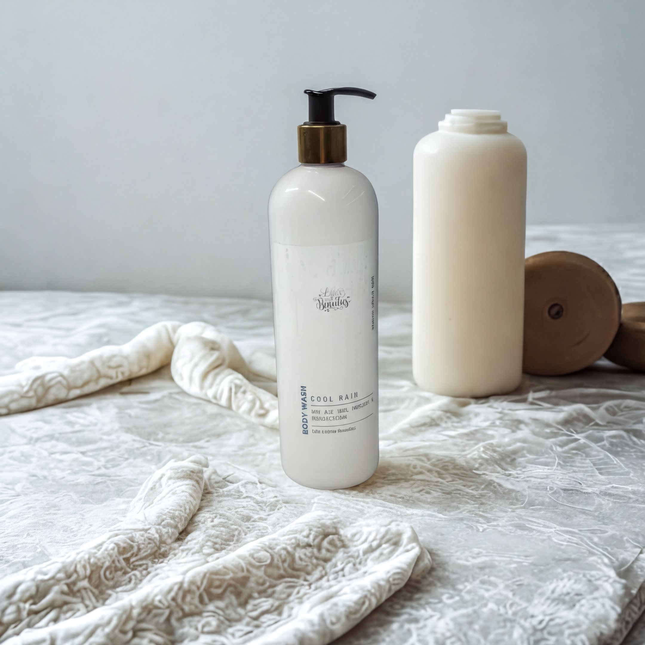 a bottle of body wash with a pump dispenser, placed on a white surface with a white cloth and another bottle in the background.