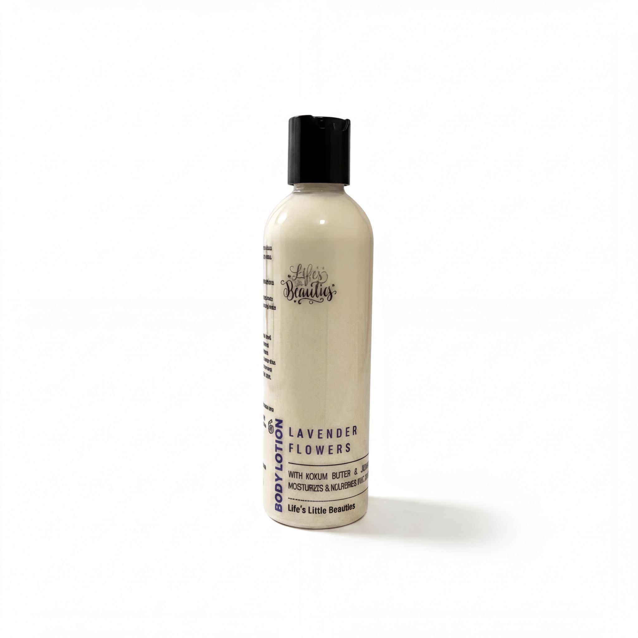 A bottle of lavender-flavored body lotion with a black cap, standing upright against a white background.