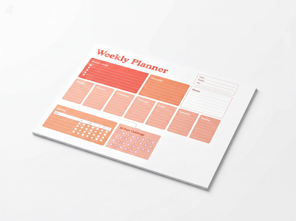 The image is a weekly planner with a calendar and various sections for planning and organizing tasks.