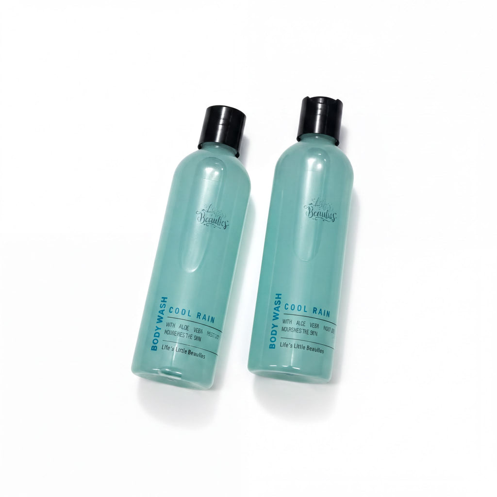 Two bottles of body wash with a blue color and black caps, labeled as "Cool Rain" and "Life's Little Beaurelle".