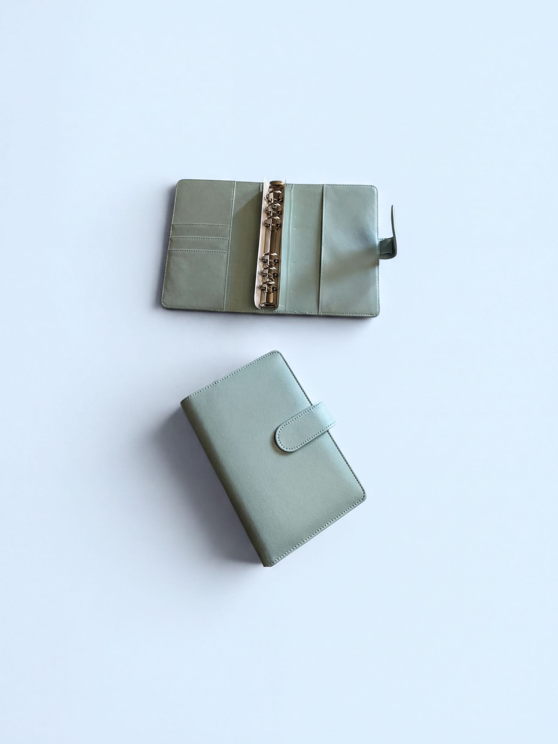 two light green leather wallets or money clips placed on a white background.