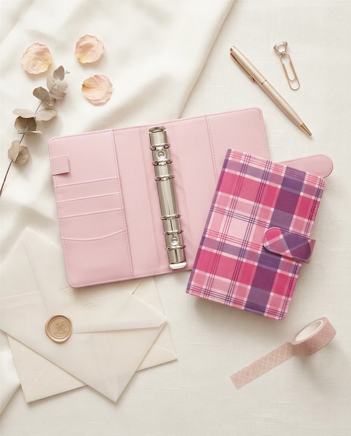 a pink notebook, a pen, a gold pen, a gold clip, and some rose petals arranged on a white surface.