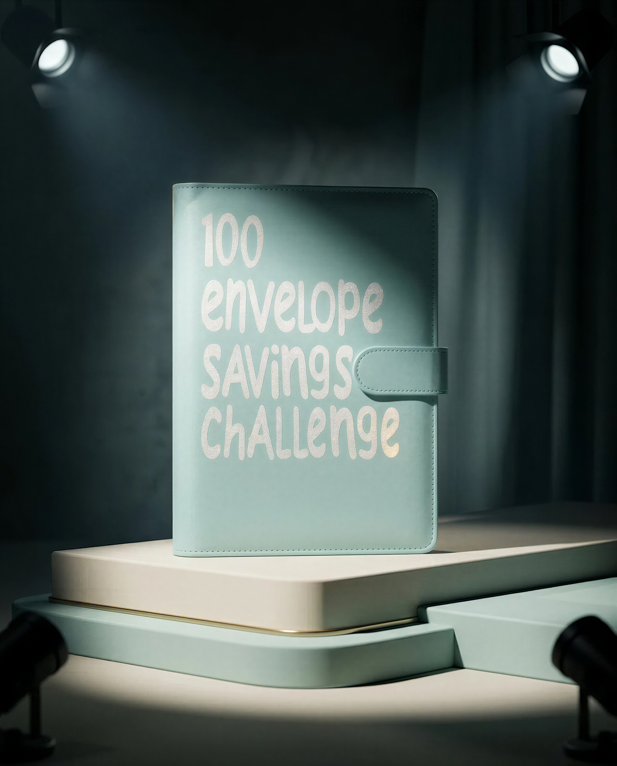 A light blue book titled "100 envelope savings challenge" sits on a stack of books, with spotlights shining on it, creating a dramatic and focused image.