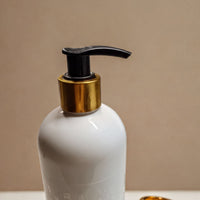 A white pump bottle with a black pump and gold-colored cap is shown against a beige background.