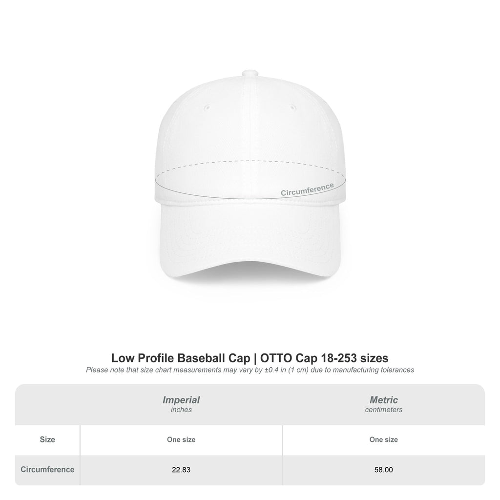 White low profile baseball cap with size measurement guide, one size fits most