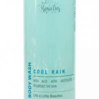 a bottle of body wash with a light blue color.