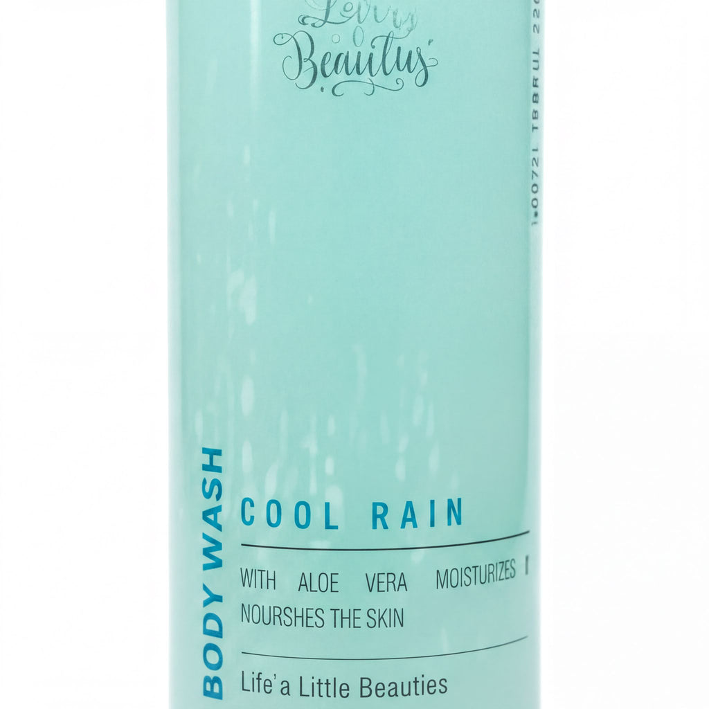 a bottle of body wash with a light blue color.