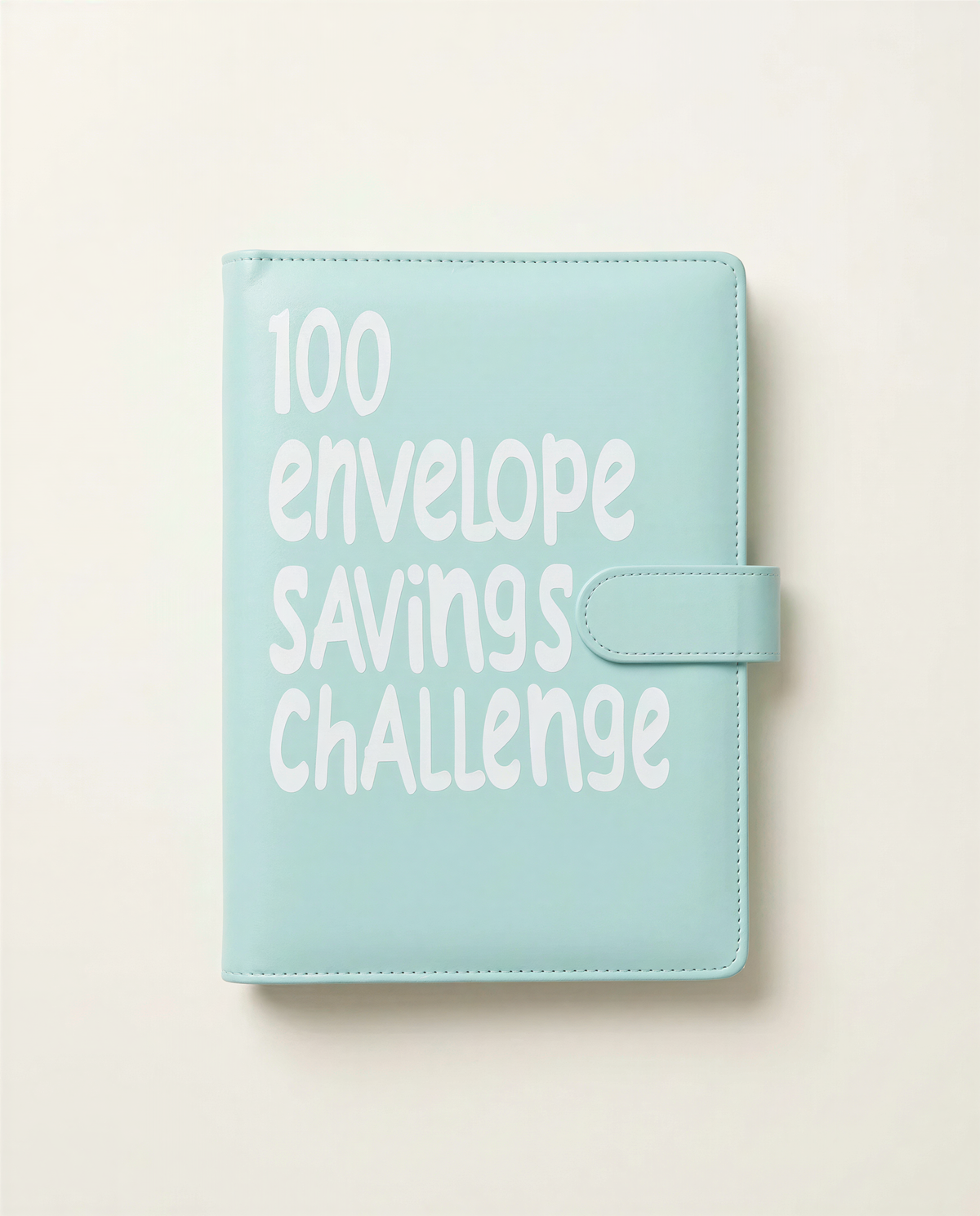 A light blue folder or binder with the text "100 envelope savings challenge" printed on it.