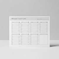 A simple, white weekly to-do list with blank spaces for writing down tasks and checkboxes for checking completed tasks.