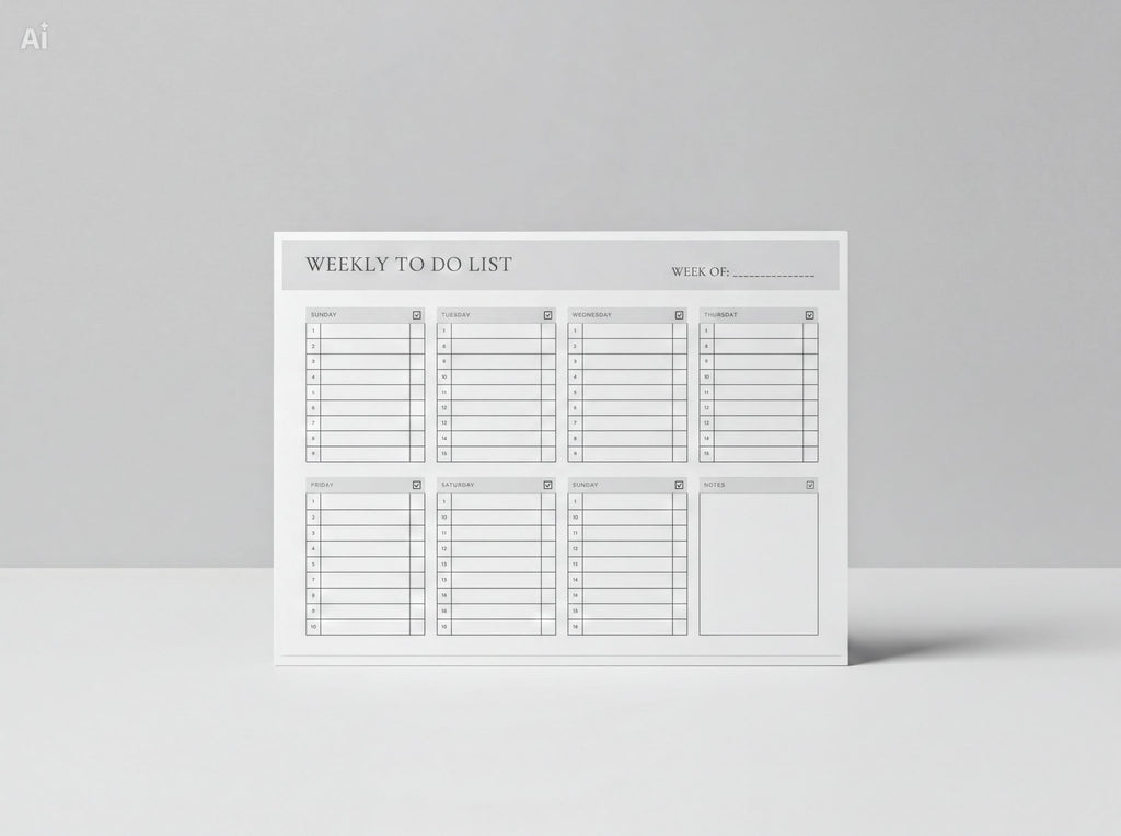 A simple, white weekly to-do list with blank spaces for writing down tasks and checkboxes for checking completed tasks.
