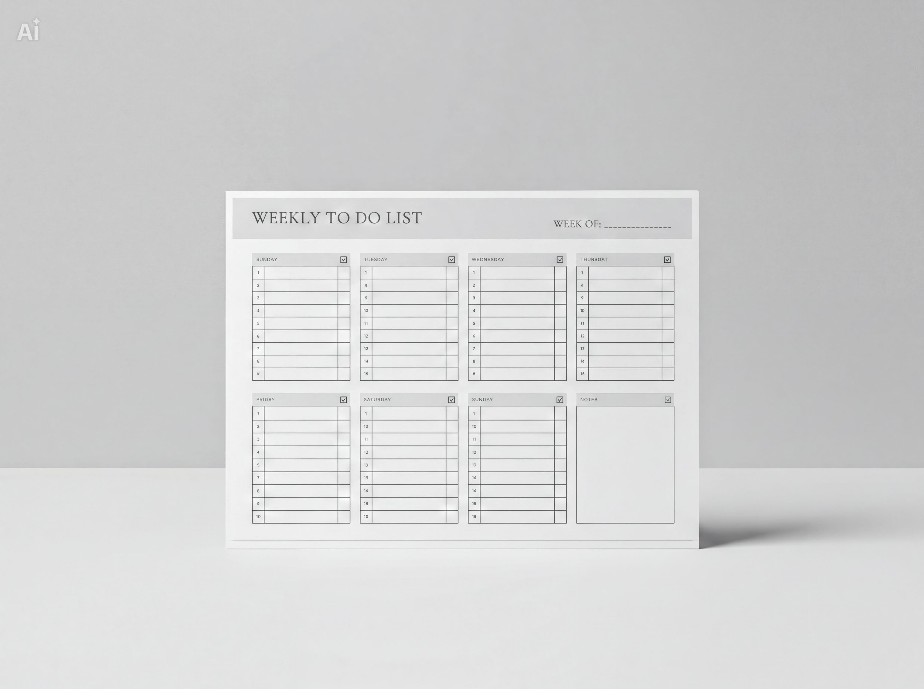 A simple, white weekly to-do list with blank spaces for writing down tasks and checkboxes for checking completed tasks.