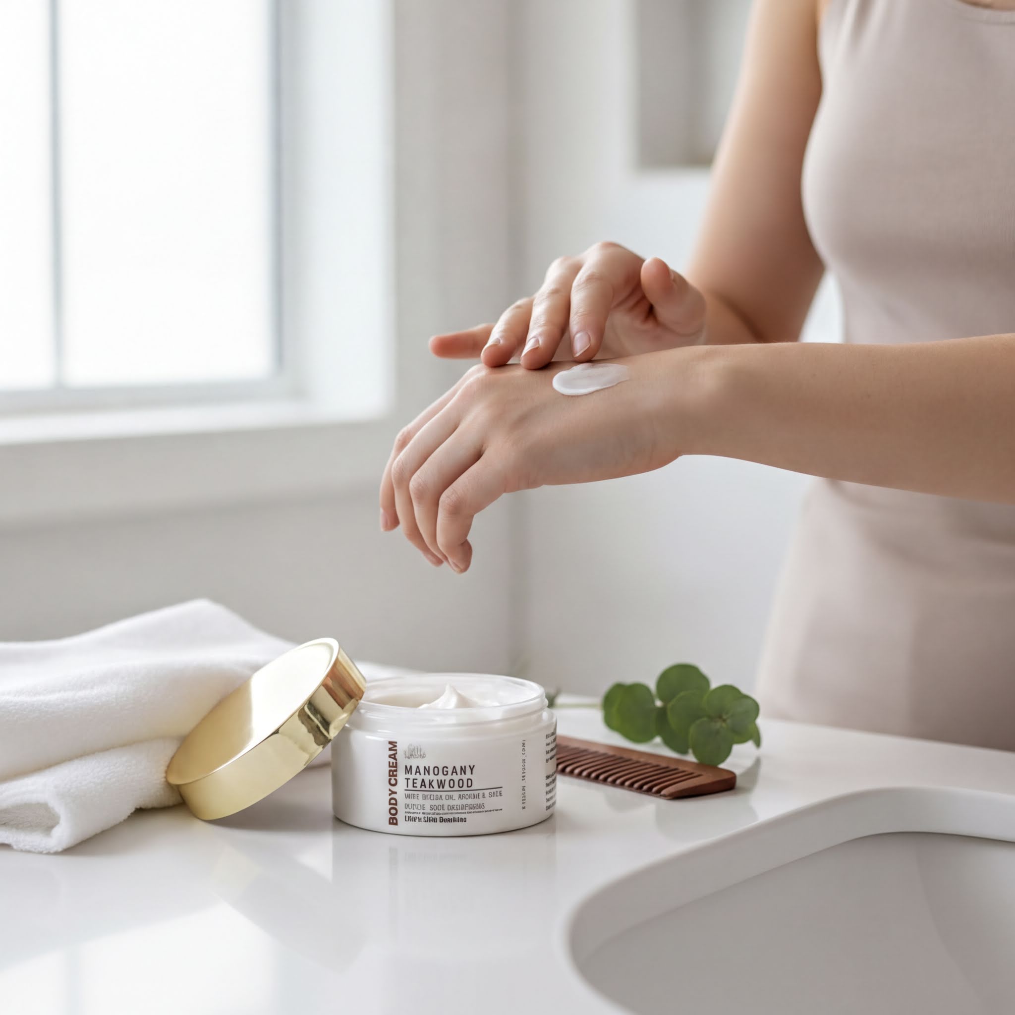 A person is applying lotion to their hands while standing near a sink, with a jar of lotion and a comb on the counter.