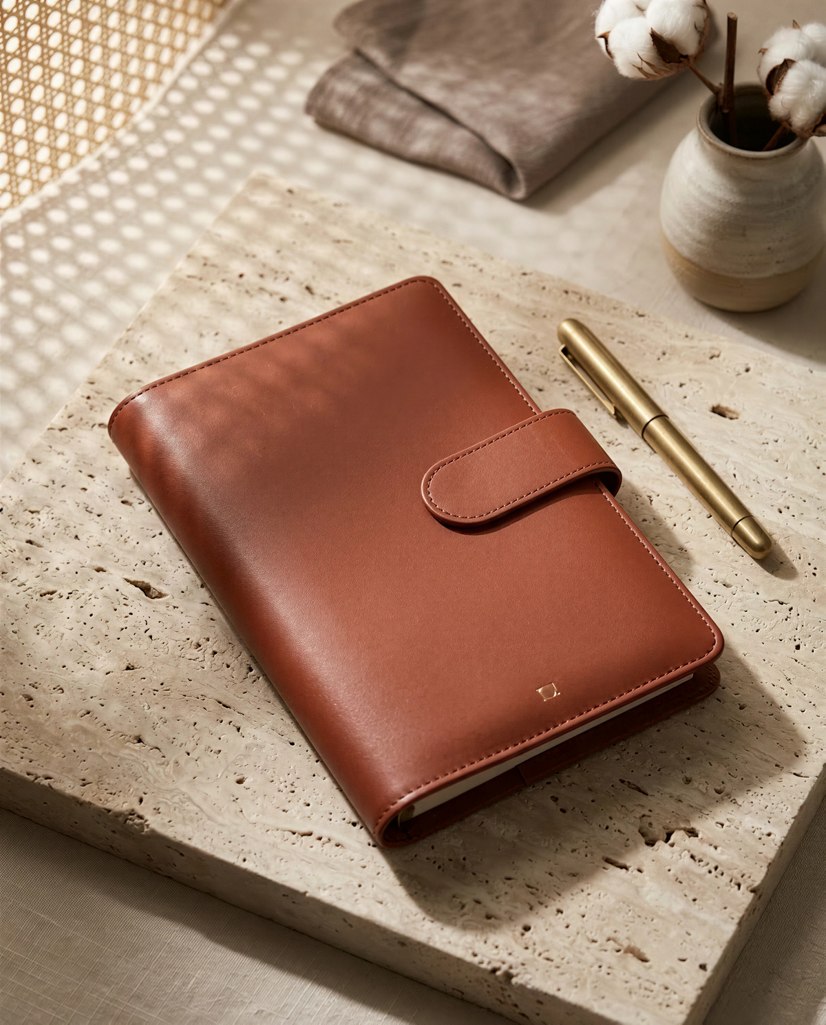 A brown leather-bound notebook with a gold pen rests on a textured surface, accompanied by a small vase with white cotton flowers.