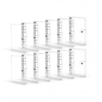 A collection of transparent plastic containers or organizers, arranged in a grid-like pattern.