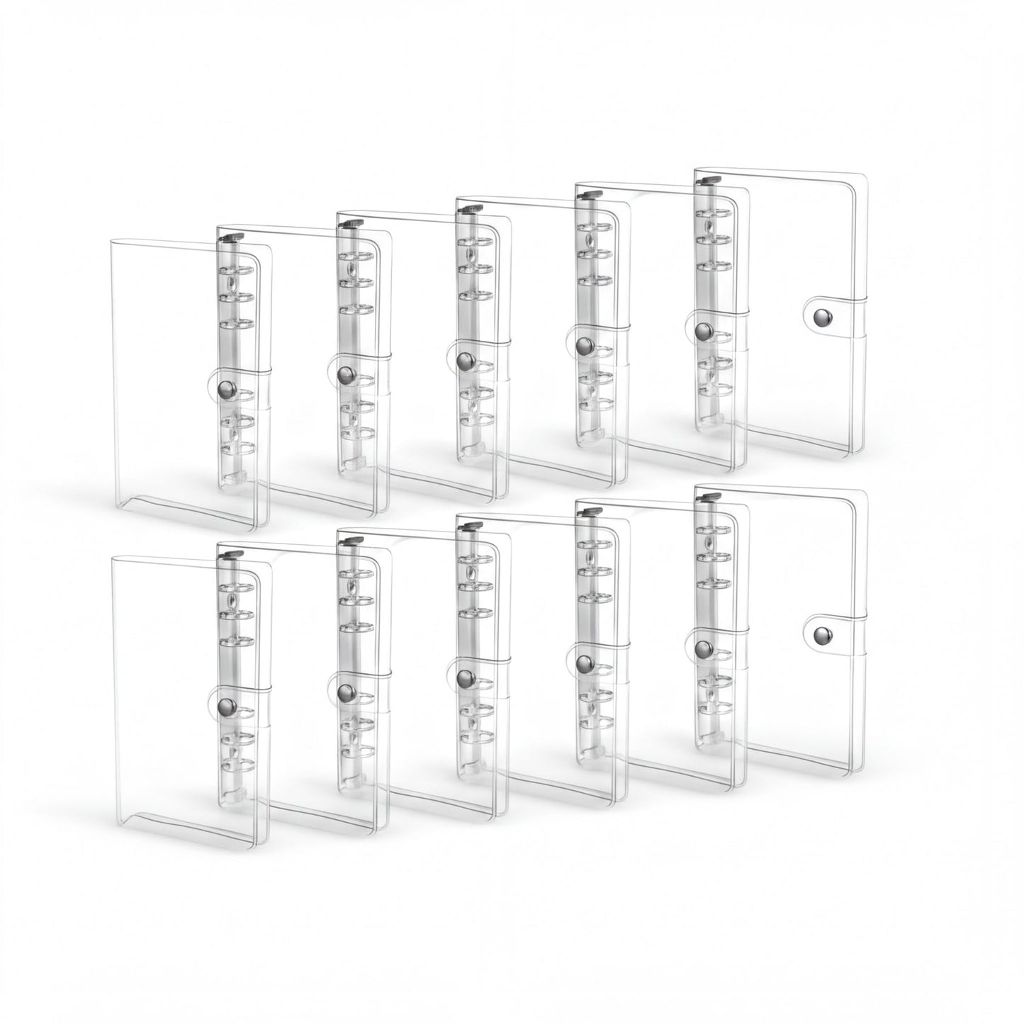 A collection of transparent plastic containers or organizers, arranged in a grid-like pattern.