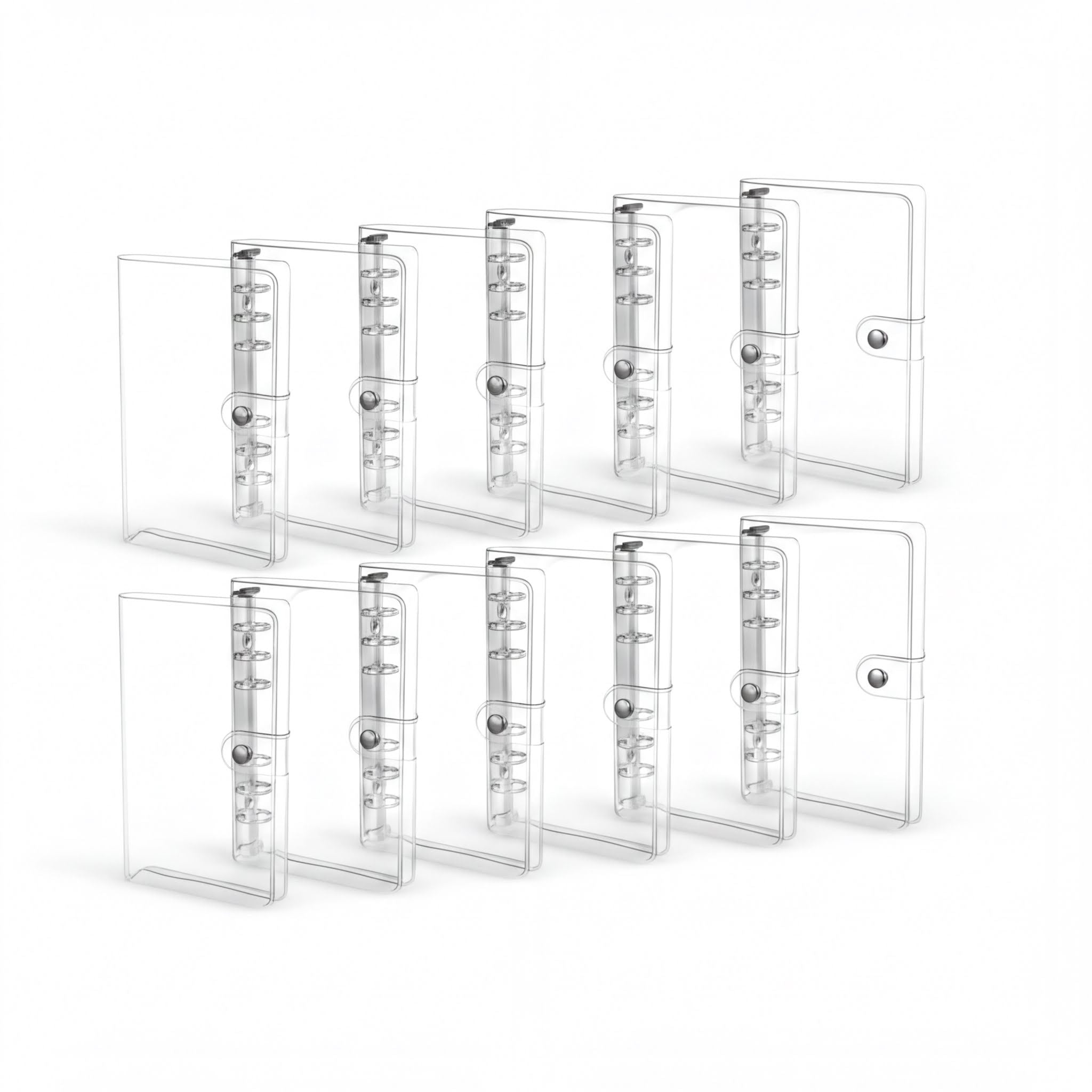 A collection of transparent plastic containers or organizers, arranged in a grid-like pattern.