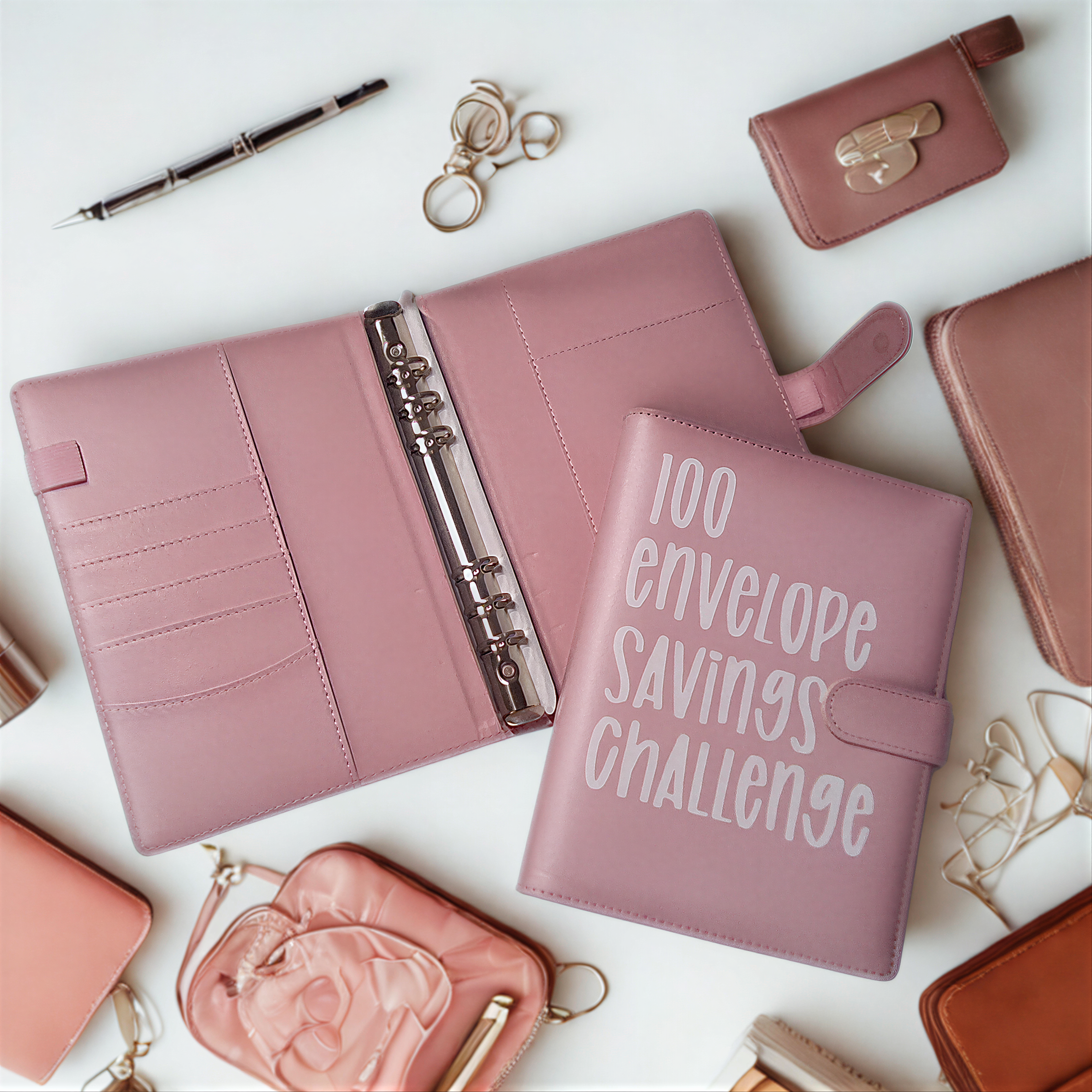 Pink 100 envelope savings challenge planner with matching wallet and accessories on white desk
