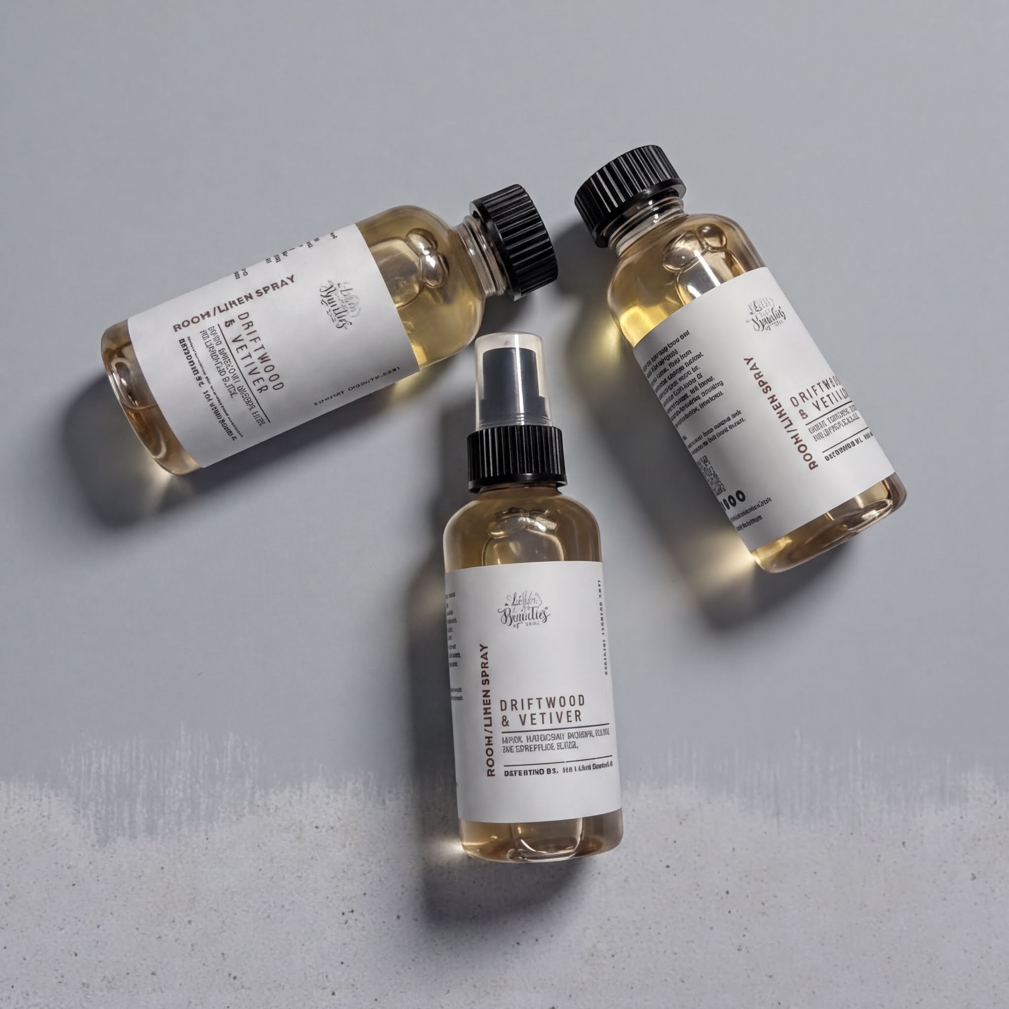 Three bottles of a brown liquid spray with black caps, arranged on a gray background.