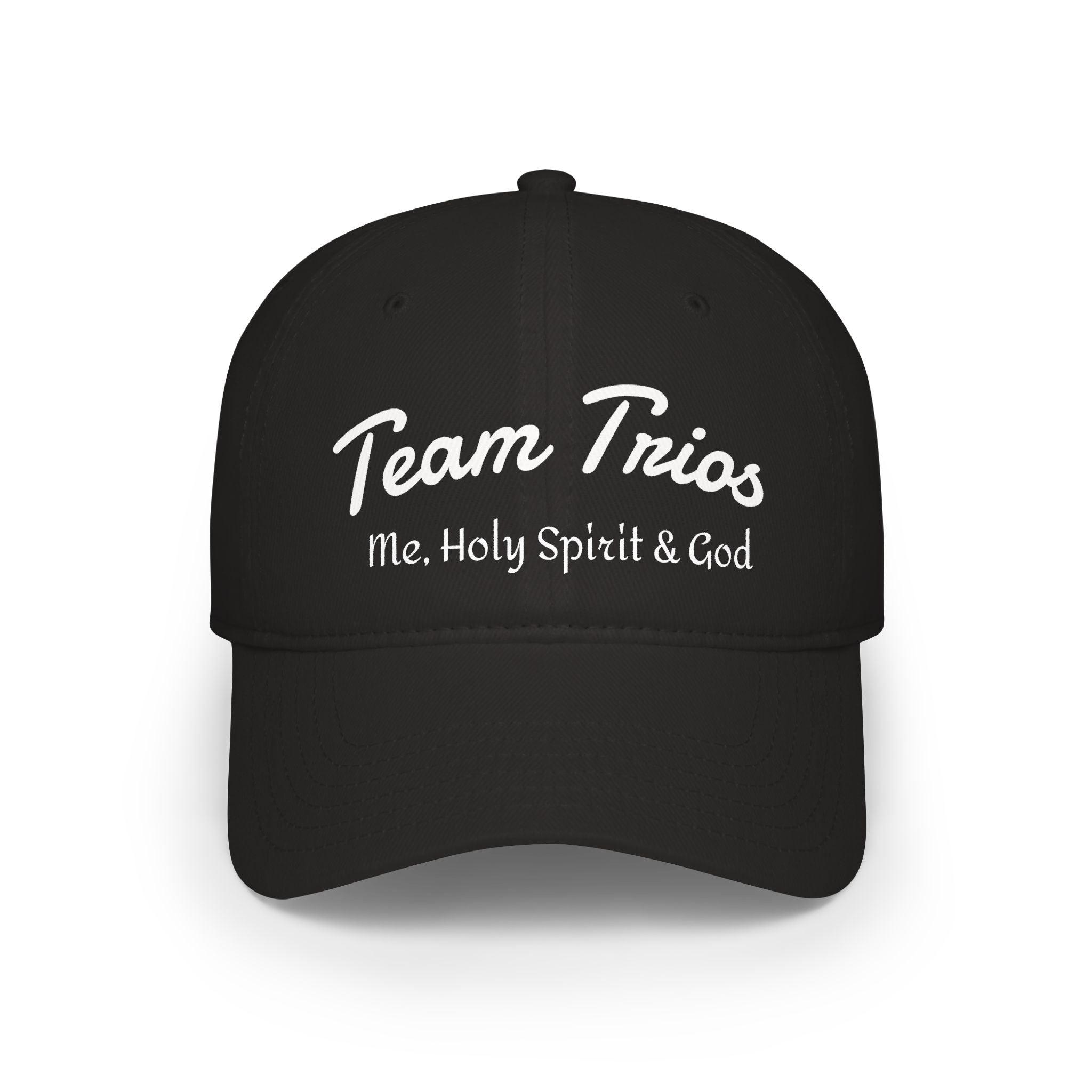 Black baseball cap with 'Team Trios Me, Holy Spirit & God' in white script text