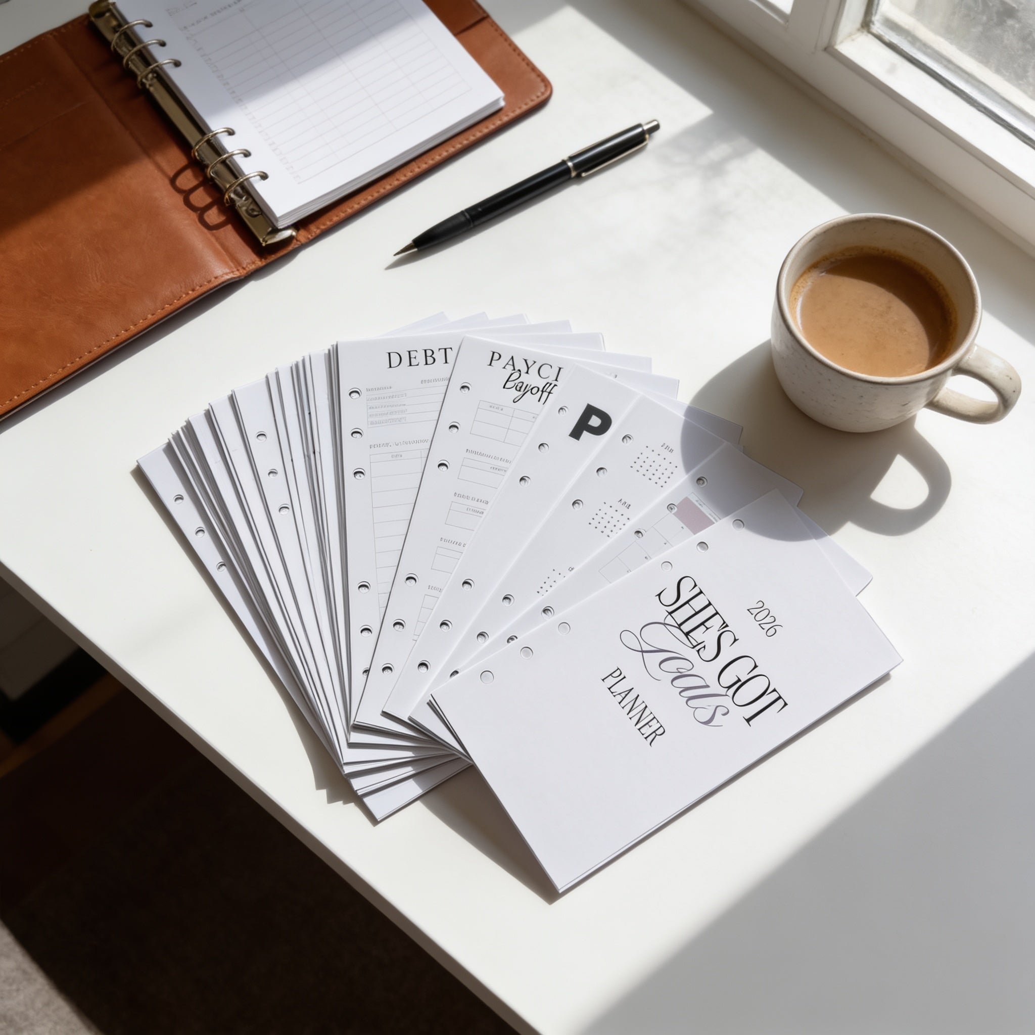 A stack of planners, a notebook, a pen, and a cup of coffee are arranged on a white surface, with a window in the background.