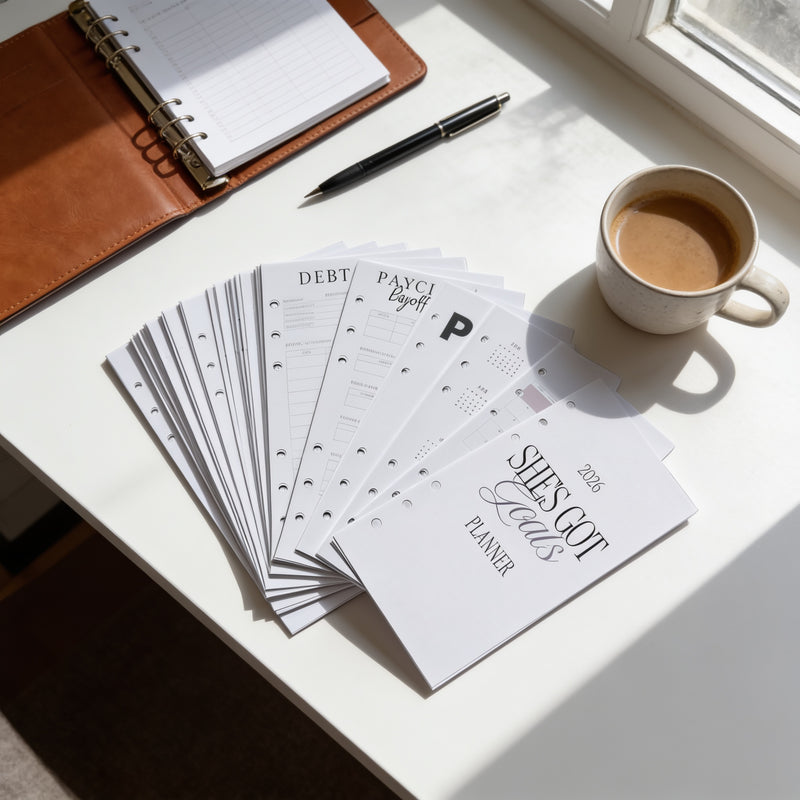A stack of planners, a notebook, a pen, and a cup of coffee are arranged on a white surface, with a window in the background.