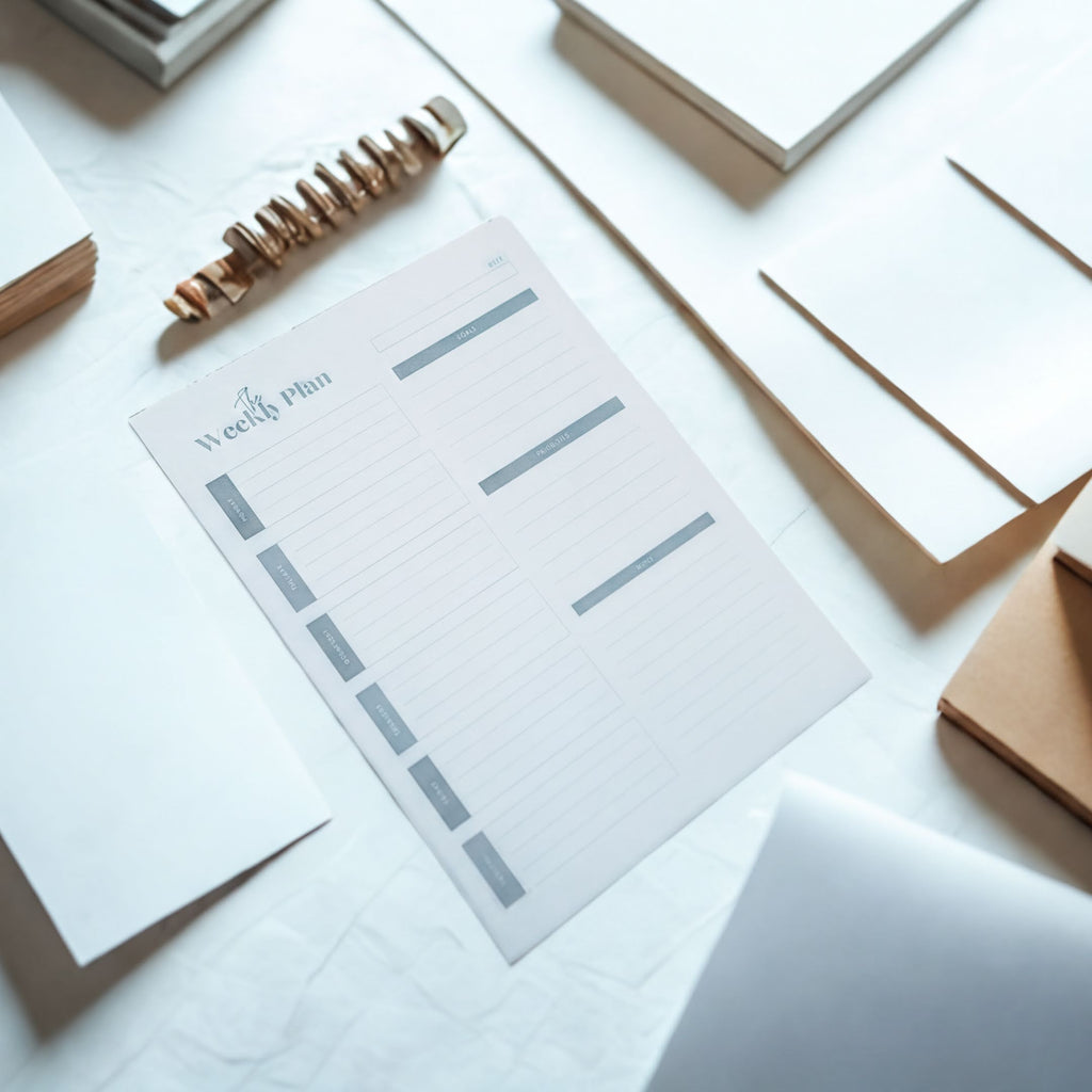 a white paper with a weekly plan or schedule written on it, along with some other office supplies and materials such as books and papers on a white surface.