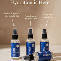 three bottles of The Omega 100% Organic Oil Lotion & Spray, with a text overlay that reads "The Future of Hydration is Here."
