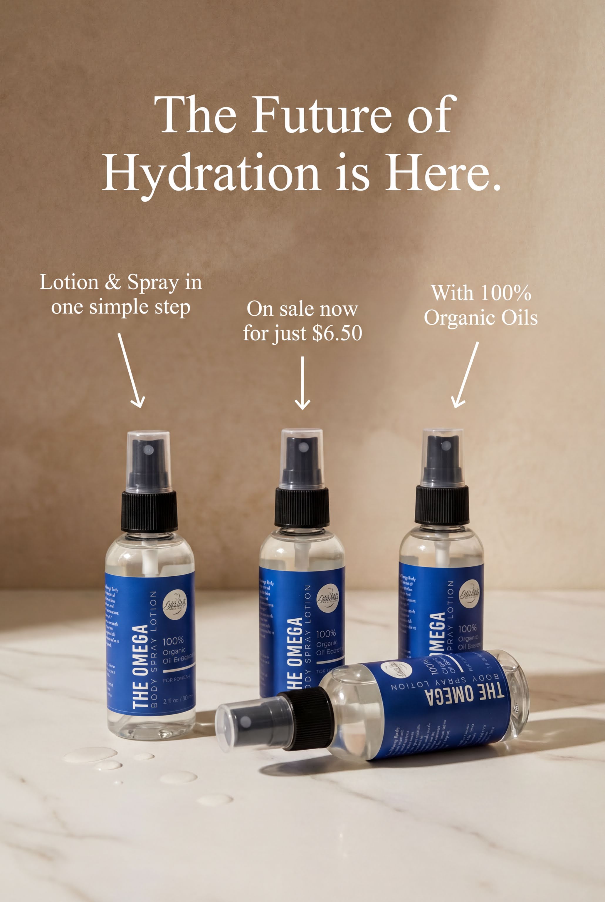 three bottles of The Omega 100% Organic Oil Lotion & Spray, with a text overlay that reads "The Future of Hydration is Here."