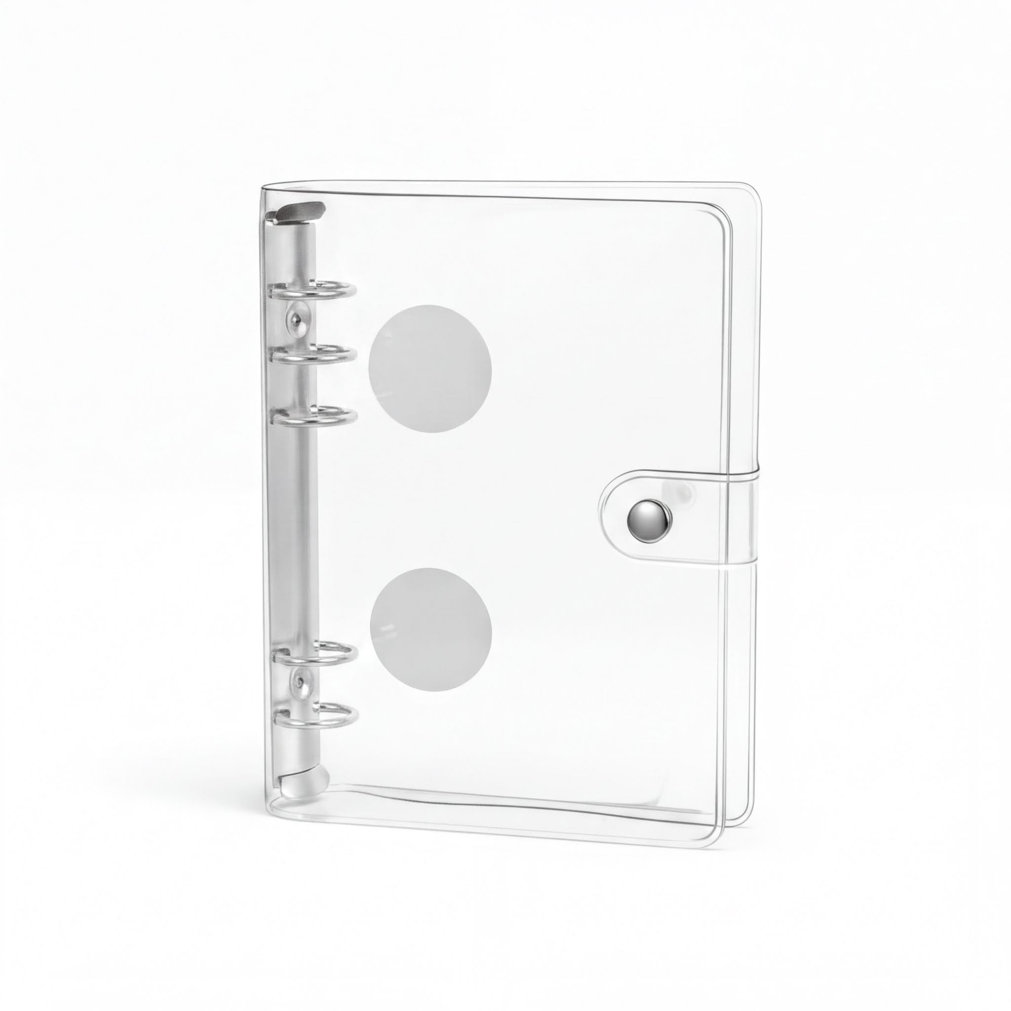 A clear plastic binder with a metal ring mechanism and two circular holes on the front.