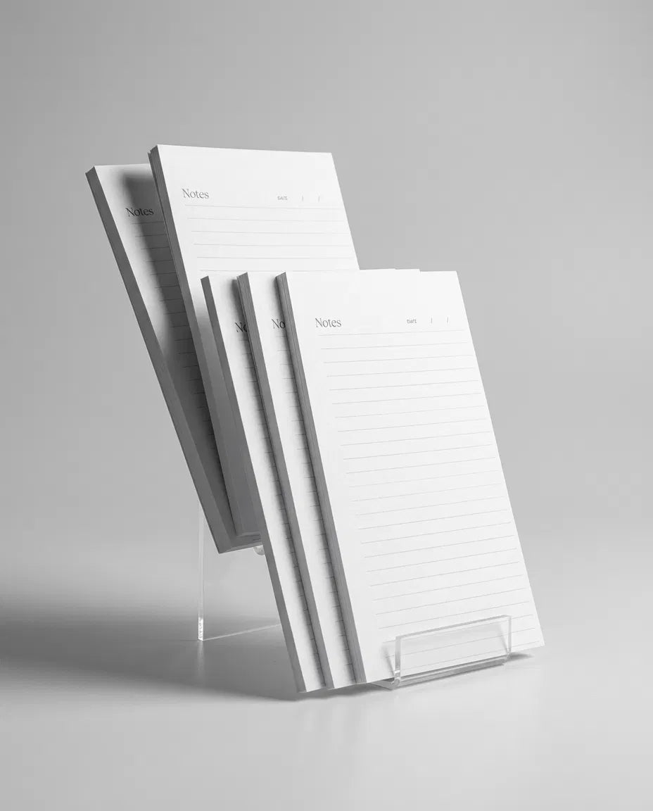 A set of lined notepads or pads, each with a blank page, arranged in a stand.