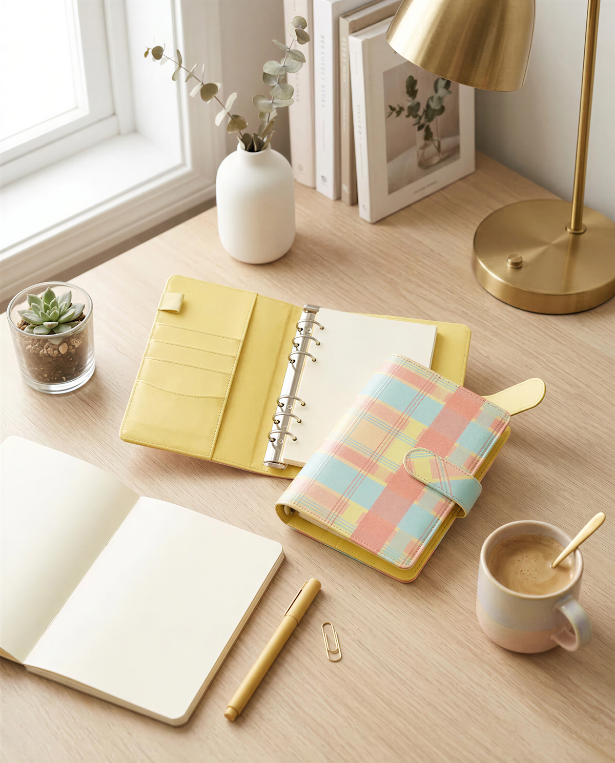 a wooden desk with various items on it, including a yellow notebook, a pen, a coffee cup, a lamp, and a plant.