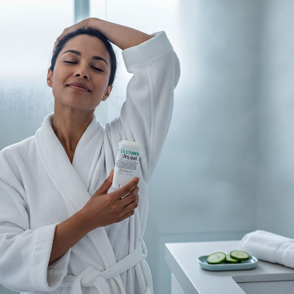 A woman in a white bathrobe stands in a bathroom, holding a white container labeled "Cocamodel" and smiling.