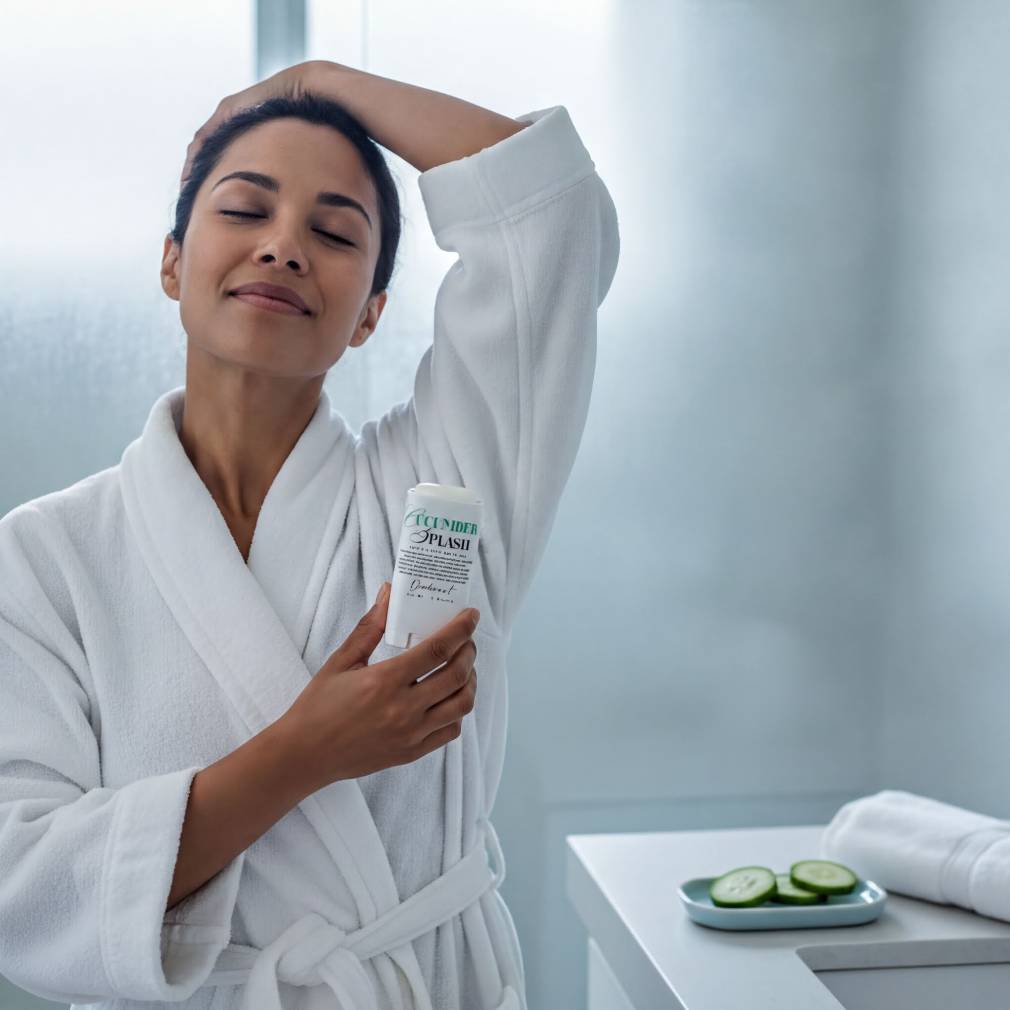 A woman in a white bathrobe stands in a bathroom, holding a white container labeled "Cocamodel" and smiling.