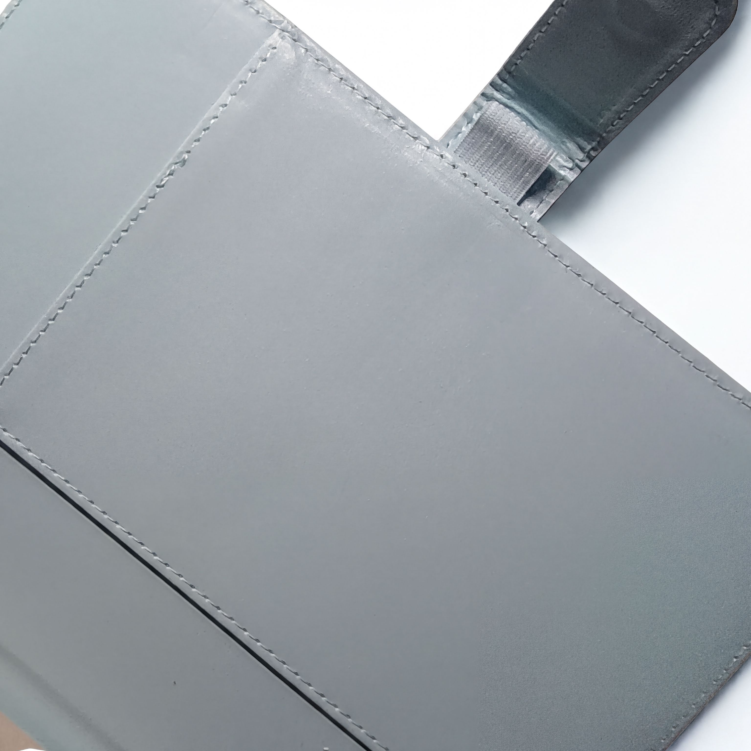 Gray leather soap pouch with neat stitching, designed for natural goat milk soaps and body care products.