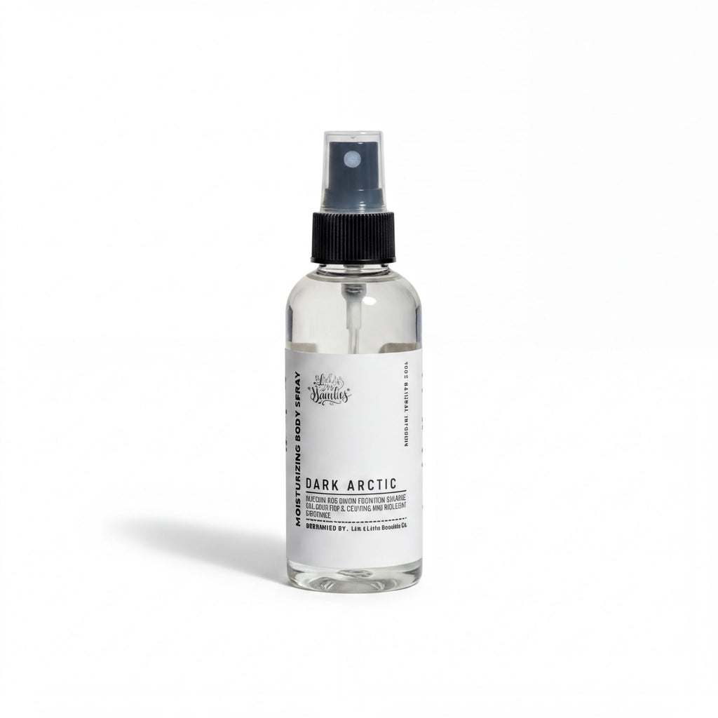 A clear glass bottle with a black spray nozzle, containing a clear liquid, labeled as "Dark Arctic" with a black cap.