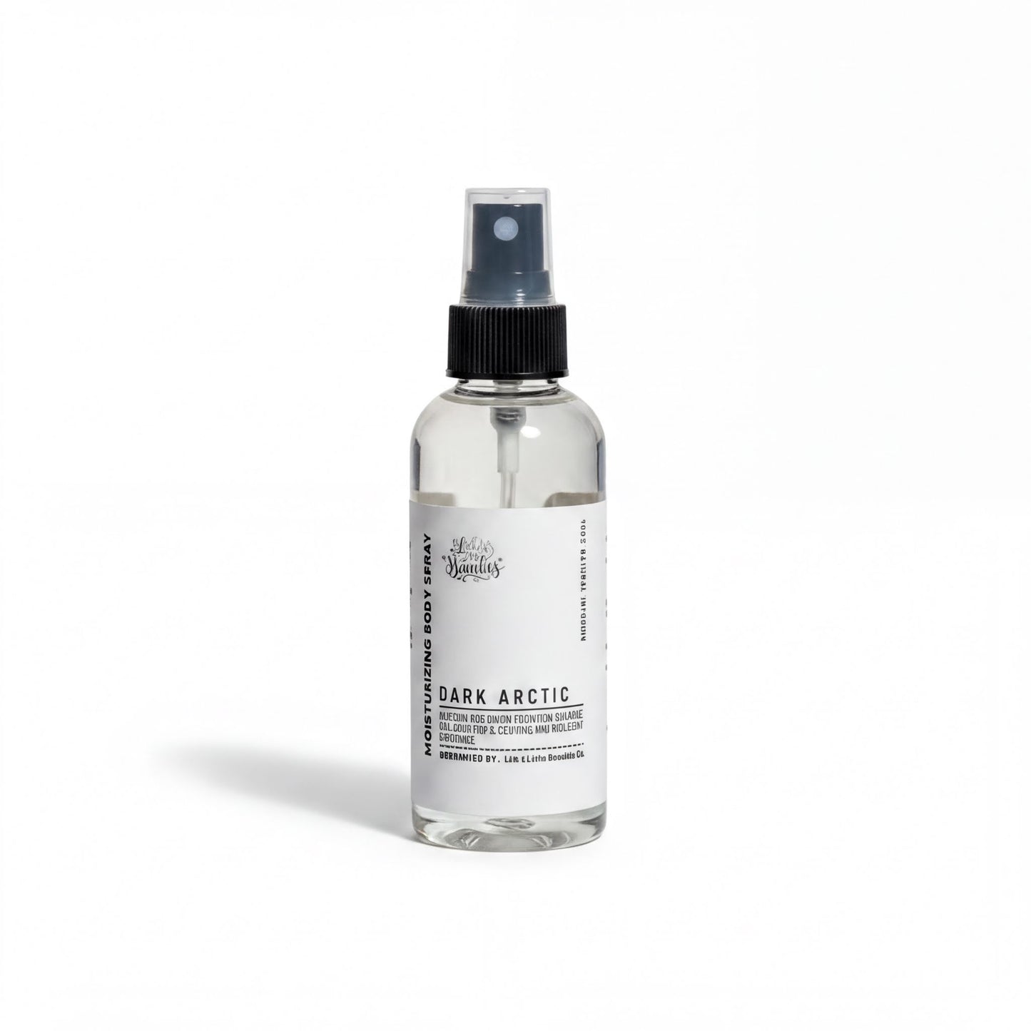 A clear glass bottle with a black spray nozzle, containing a clear liquid, labeled as "Dark Arctic" with a black cap.