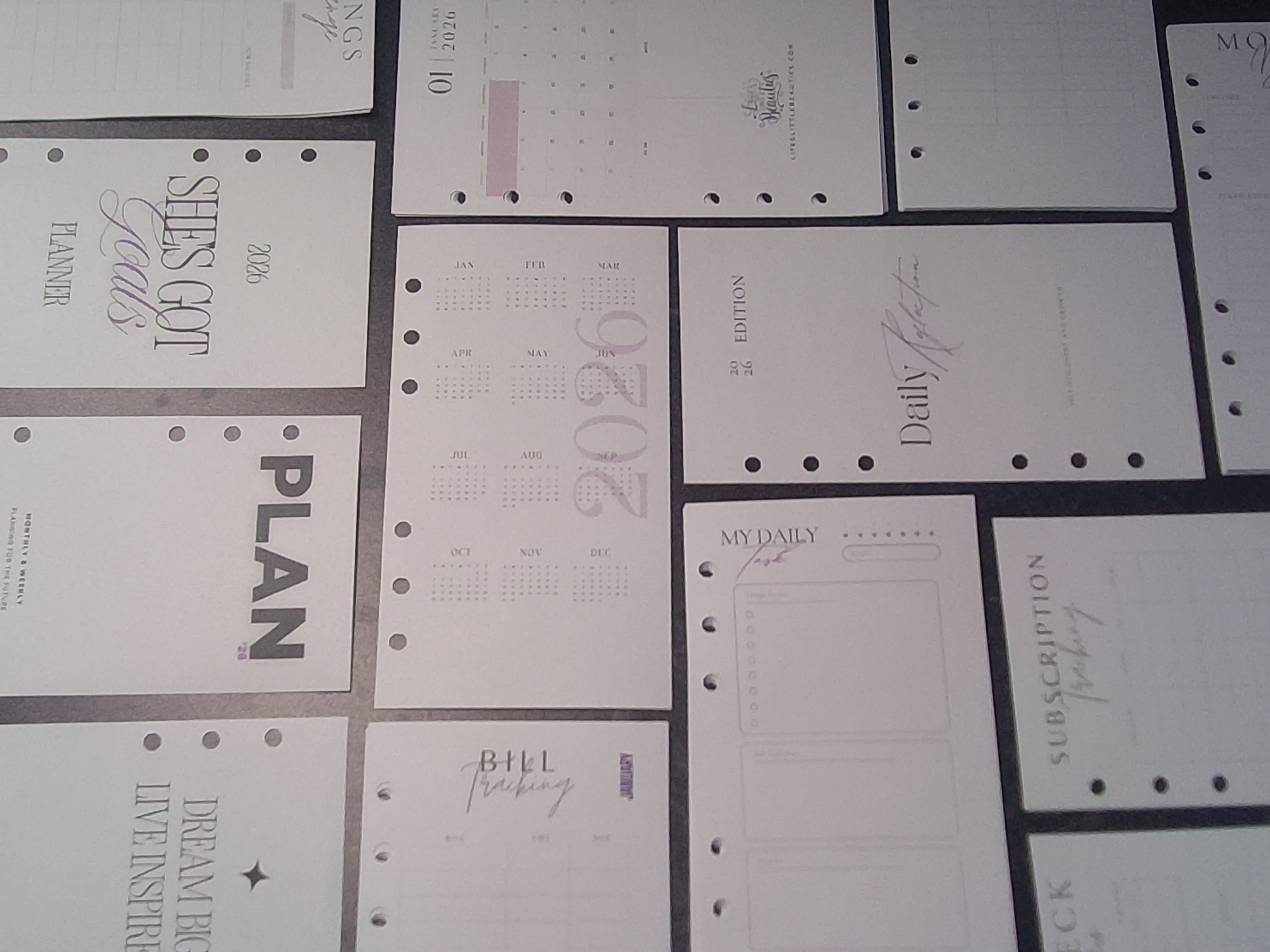 a collection of various planners and notebooks, each with different designs and features.